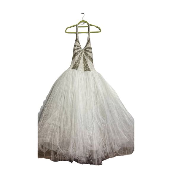 Vintage White Sequin Formal Halter Gown Sz 10 - Picture 1 of 10
